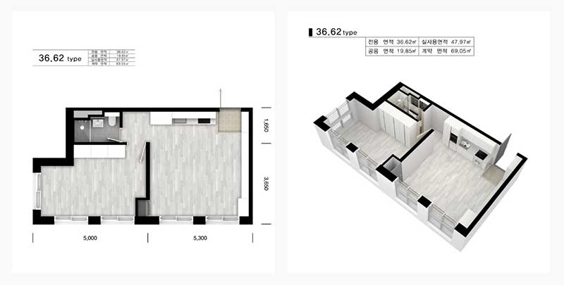 노량진 한강더퍼스트타워 신혼부부 36.62 타입 1.5룸 평면도